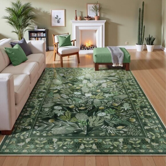 New 5x7 Green Botanical Area Rug, Washable Non-Slip Modern Carpet for Any Room - Picture 2 of 9